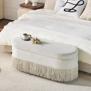 Oval Upholstered Storage Ottoman with Fringe Trim & Lift-Top Lid, 39"L x 16"W x 17"H, Multi-Functional Footrest & Hidden Storage for Living Room or Bedroom