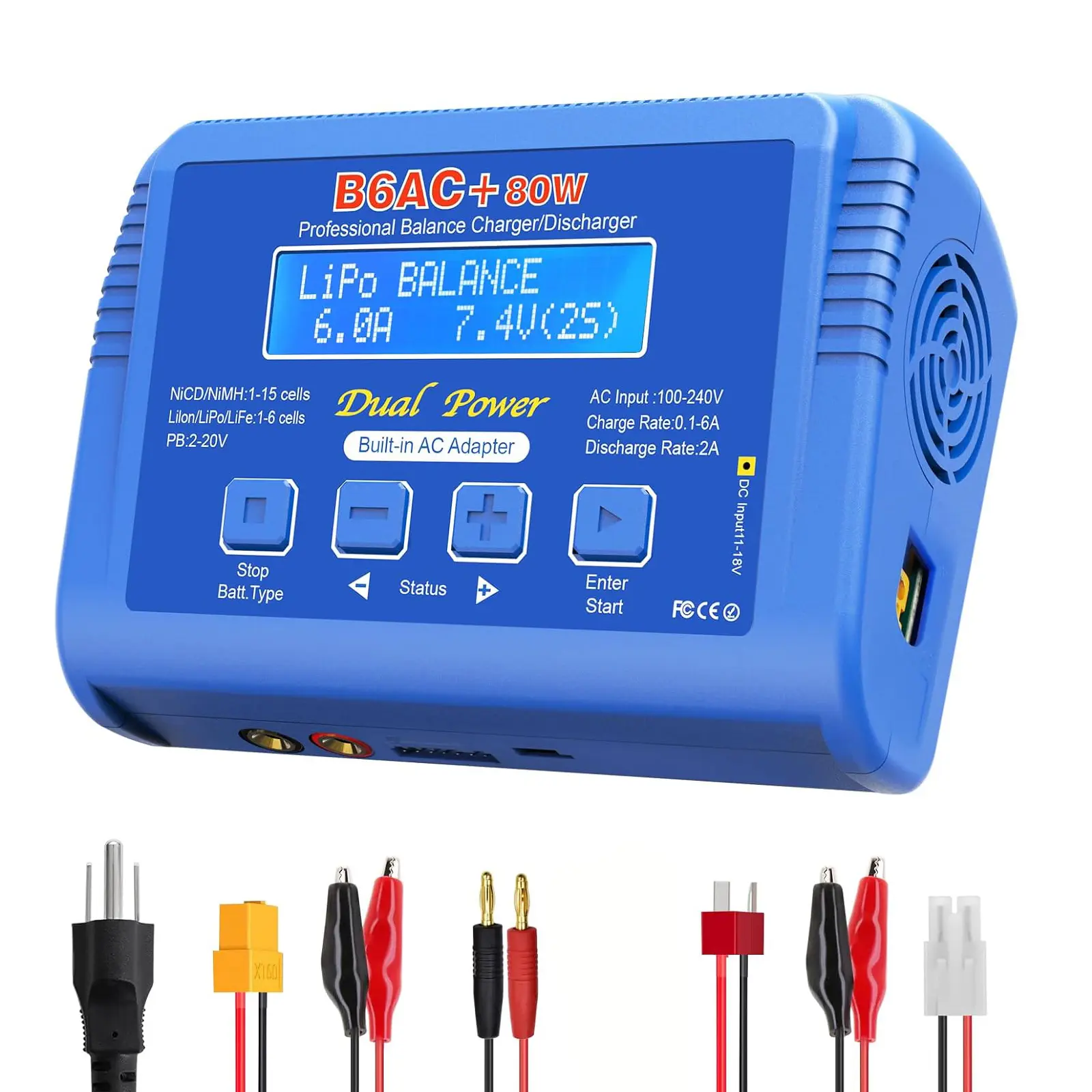 LiPo Battery Charger RC Balance Fast Battery Charger Discharger 80W 6A Smart Digital Battery Pack Charger for 1S-6S LiPo Life Li-ion 1-15S NiCD NiMH PB Smart Batteries RC Car (Blue)
