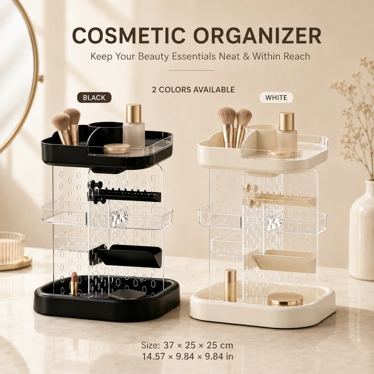 360-Degree Rotatable Makeup Organizer with Adjustable Shelves, Large-Capacity Abs Organizer Storage for Vanity Countertop Vanity Accessories & Beauty Products