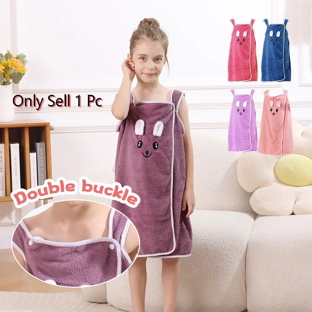 Kids Bath Towel Wrap with Cute Bunny Ears, Microfiber Cartoon Bath Skirt for Girls, Lightweight Bathrobe, Age 6-12, 250gsm, Casual Comfy Loungewear