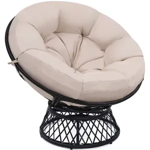 Giant 46" Rattan Papasan Chair with Soft Thick Cushion for Adults 360° Swivel , Indoor/Outdoor Waterproof, Black Frame Beige Cushion, Outdoor Patio Set