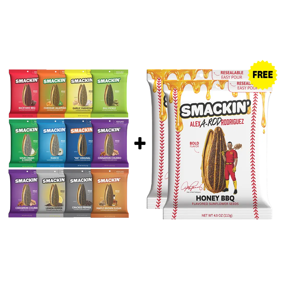 SMACKIN' Sunflower Seeds 2 FREE BAGS + 12 Bag Variety Pack, Variety Flavors, Resealable 4 OZ. Bags, No Salty Burn