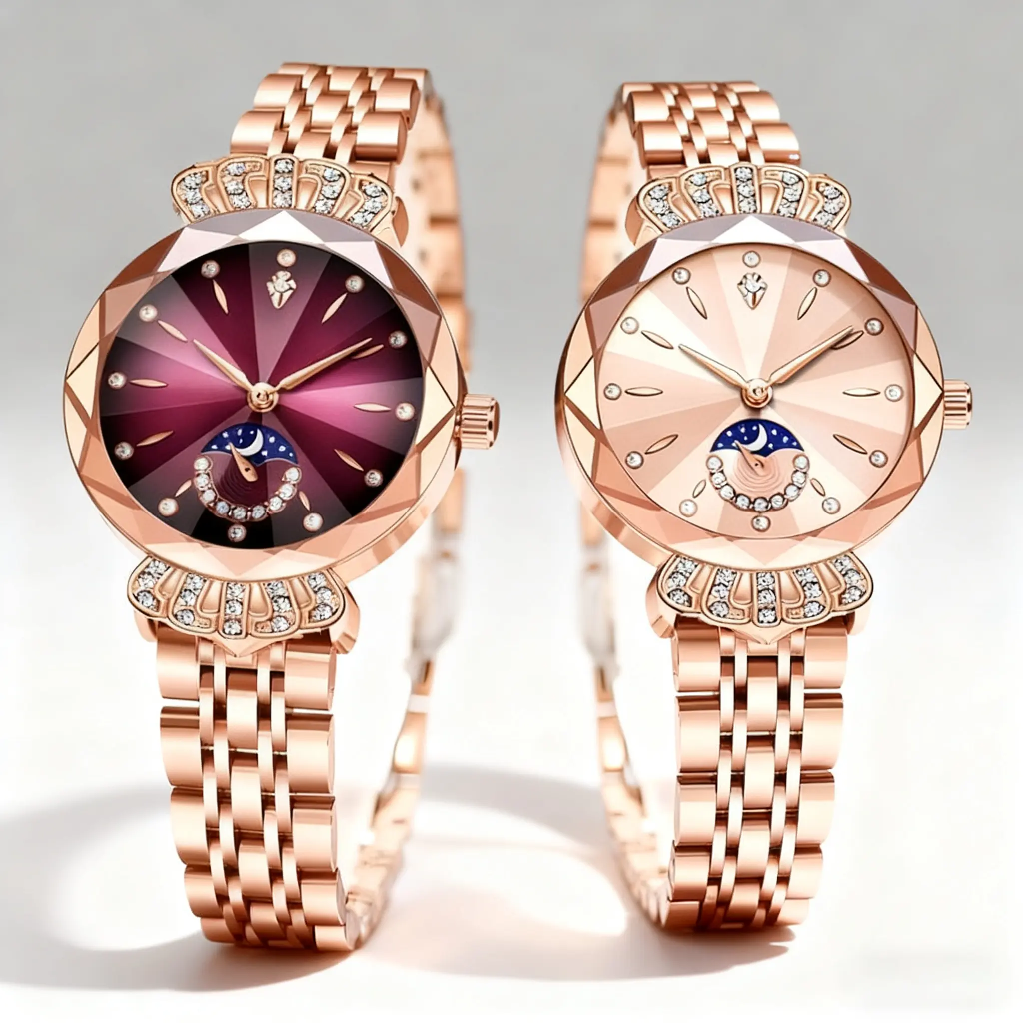 [Mother's Day Gift] Women's Elegant Analog Classy Fashionable Crystal-Studded Quartz Watch, Round Rose Gold Dial with Moon-Star-Sun Design, Faceted Crystal Accent, Stainless Steel Band, Ideal Gift for Her, Analog Quartz Watches, Classy Quartz Watches