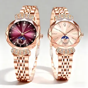 [Mother's Day Gift] Elegant Women's Wristwatch with Moon Star Sun Dial, Faceted Crystal Accent, Stainless Steel Band, Anniversary Gift for Her