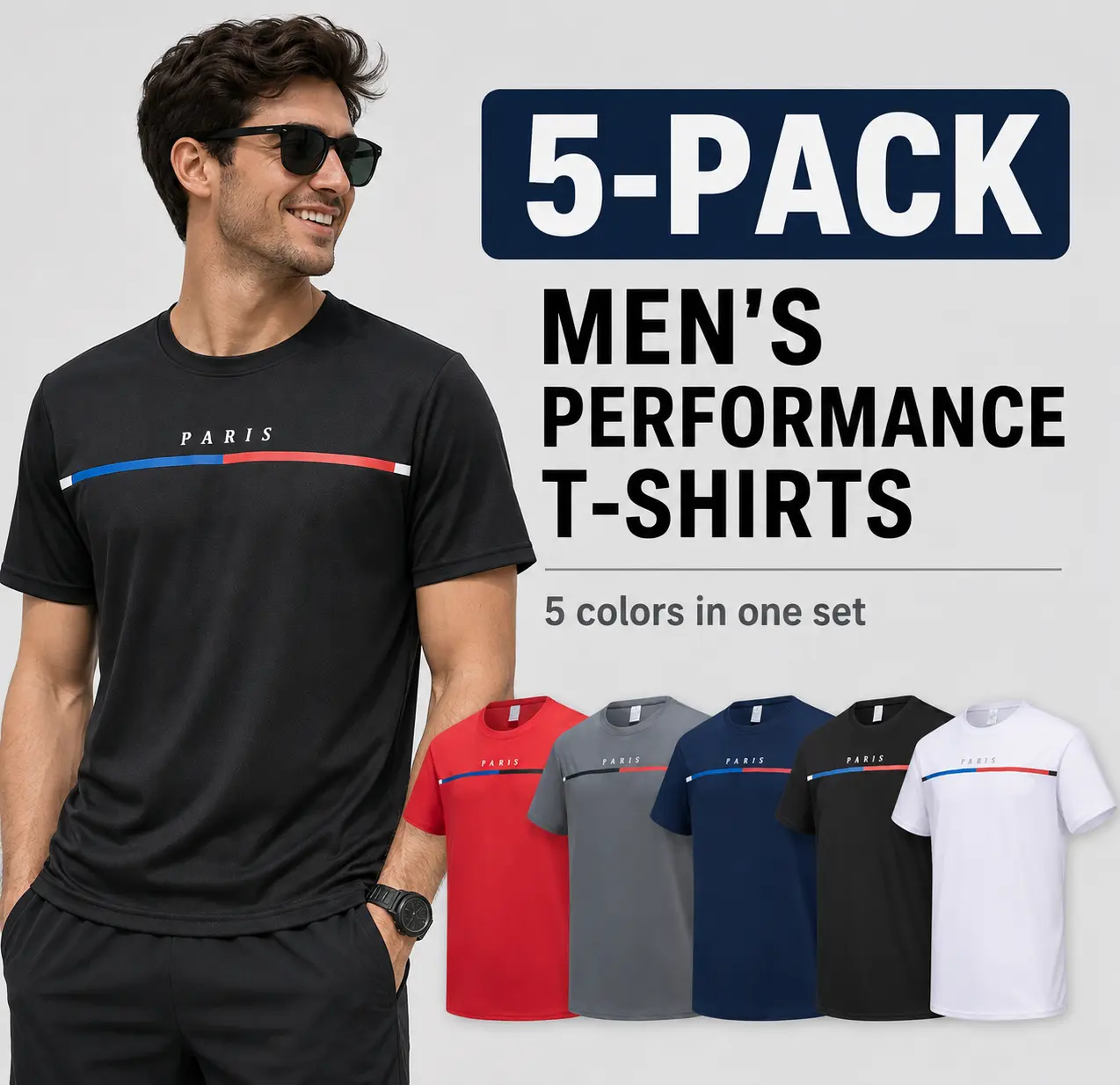 5-Pack Men's Dry Fit Shirts - Lightweight Breathable Athletic Tees for Gym, Running, Training & Everyday Wear