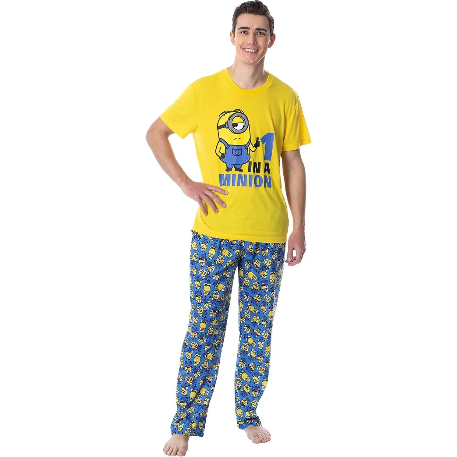 Men's 2-Piece Minions Pajama Set - Menswear Classic Clothes, Soft Polyester Loungewear with Graphic Tee and All-Over Print Stretch Pants