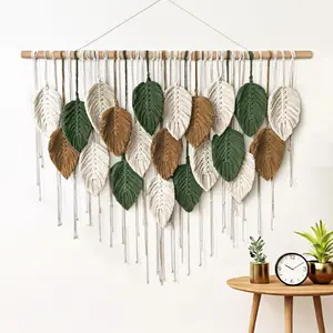KORSIV Large Macrame Wall Hanging Boho Woven Tapestry, Modern Bohemian Handmade Leaf Feather Wall Art Decorations for Apartment Dorm Living Room Bedroom Nursery Backdrop, Chic Home Decor