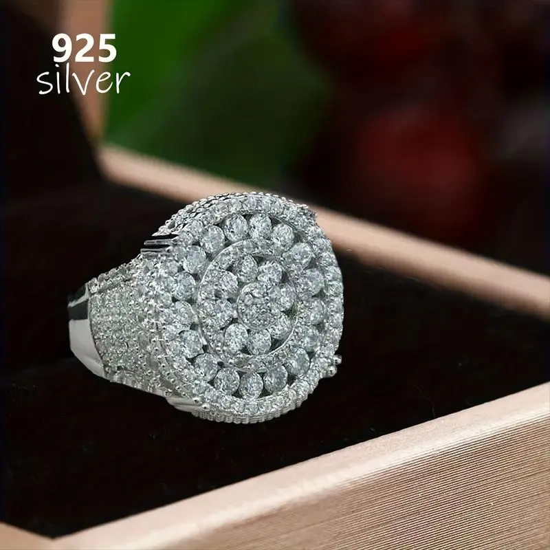 S925 Silver 3-Carat Moissanite-Inlaid Ring, Hip Hop Gothic Trendy Men's Accessories, Suitable for Daily Wear & Parties, Ideal Gift for Couples - C, Gothic Style, Hip Hop Fashion