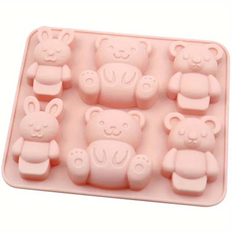 1pc 6-in-a-row rabbit bear silicone biscuit mold, handmade chocolate mold, DIY baking tool, jelly mold, Molds for baking, Silicone Molds