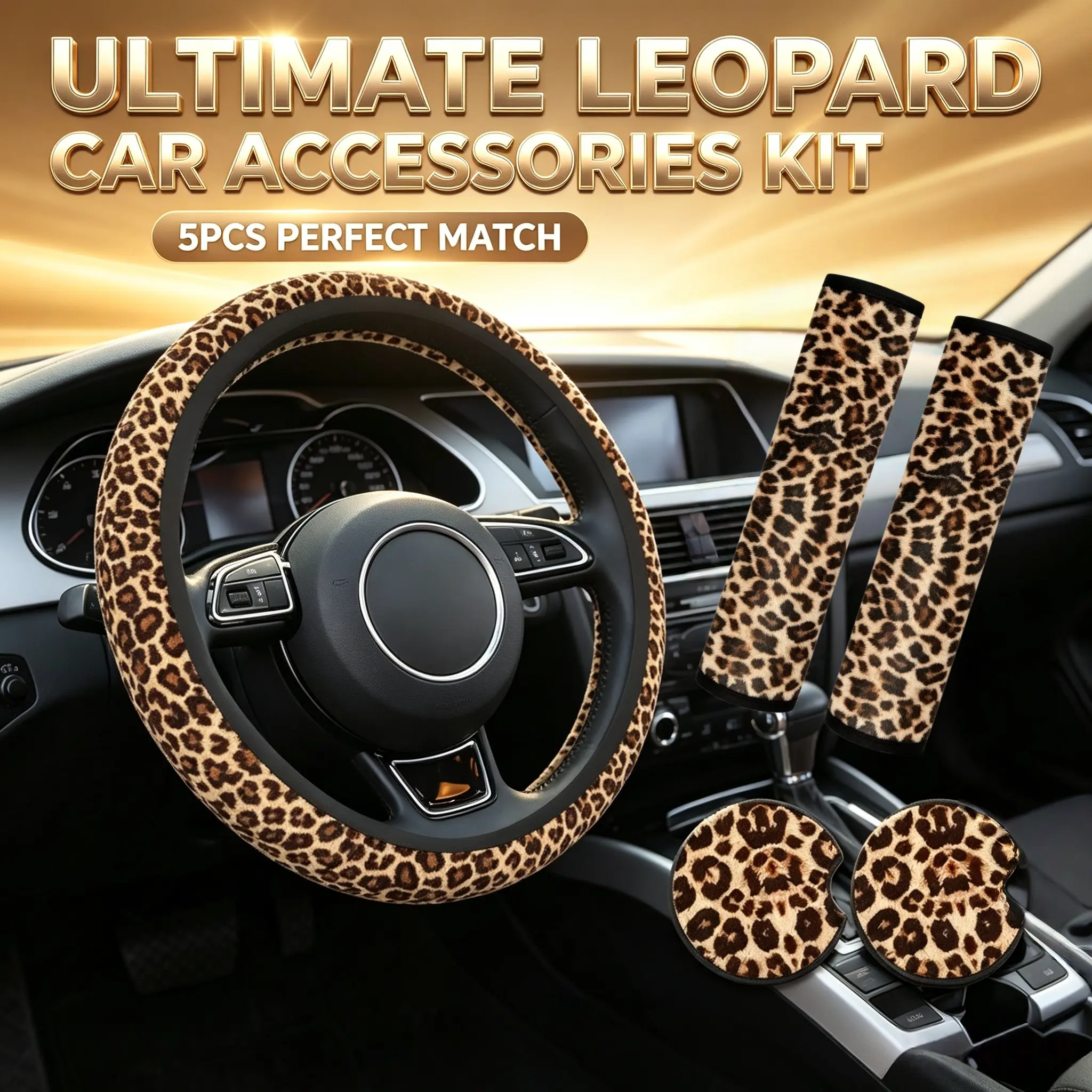 Leopard Anti-Slip Universal Steering Wheel Cover 14.5-15 Inch with 2 Car Coasters & 2 Seat Belt Shoulder Pads for Men Women
