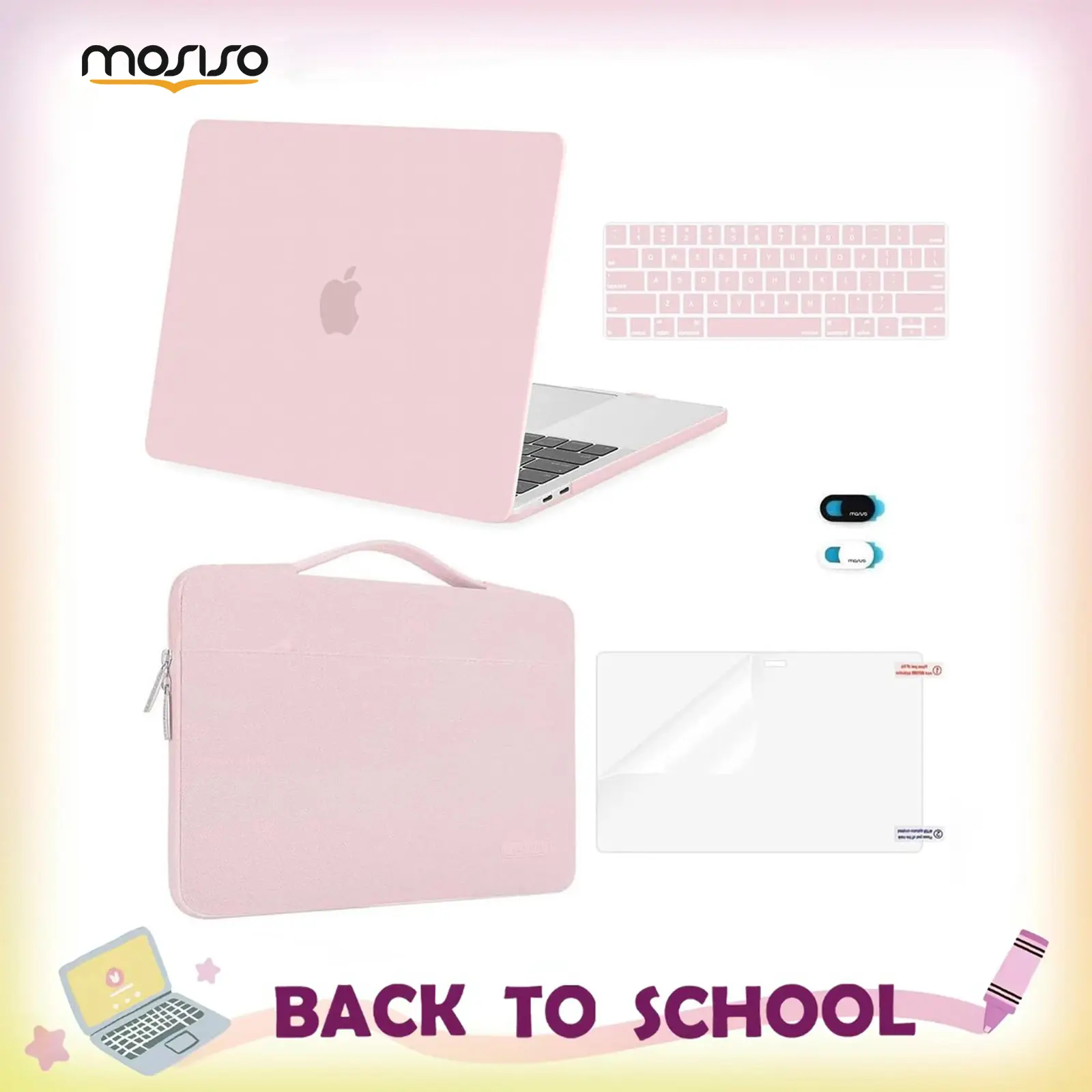 MOSISO Solid Flexible Water-Resistant Slim Profile Plastic Hard Case Bundle for 13in MacBook Pro (M2 2026/2025/2024-2016, A2338 M1 A2251 A2289 A2159 A1989 A1708 A1706) - Sleeve Bag, Keyboard Covers, Webcam Cover, Screen Protector for School, Office