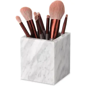 Natural Marble Toothbrush Holder for Bathroom Countertop (8.5x8.5x10cm) - Multifunctional Organizer for Makeup Brushes, Vanity Accessories & Utensils Sink(Carrara White)