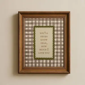You'll Never Know Dear How Much I Love You Print, Vintage Gingham Nursery Wall Art, Digital Download, Kids Room Quote Decor