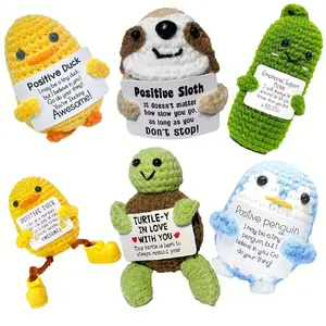 Handmade Craft Hand Crochet Knitting Doll with Positive Card Decoration, Soft Stuffed Animal Gift for Office Desk, Female/Male Birthday Christmas Occasions