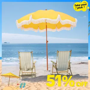 PHI VILLA 7ft Patio Beach Umbrella with Fringe, UPF 50+ Canopy, 8 High Wind Proof Fiberglass Ribs, Fully Assembled, Carry Bag Available Outdoor Aesthetic Round,SummerVibes