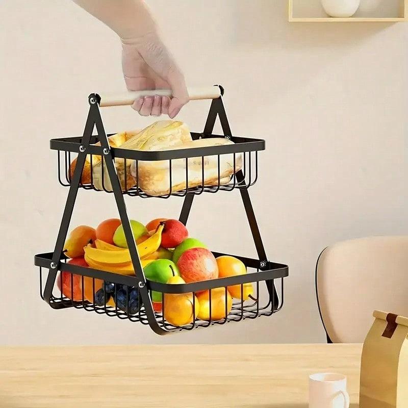 TAIMASI 2/3-Tier Metal Fruit Basket With Wooden Handles - Multi-Purpose Organizer For Kitchen & Bathroom | Stores Fruits, Vegetables, Bread & Pasta | Detachable Portable Design - Seasonal Pick For: • Labor Day Entertaining Prep