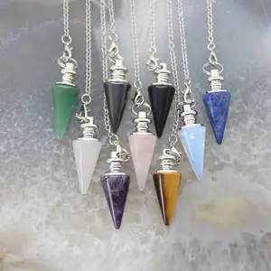 Natural Stone Amethysts Healing Pendulum,for Dowsing Spiritual Divination Cone Crystal Conical Quartz Pendants Necklace Jewelry