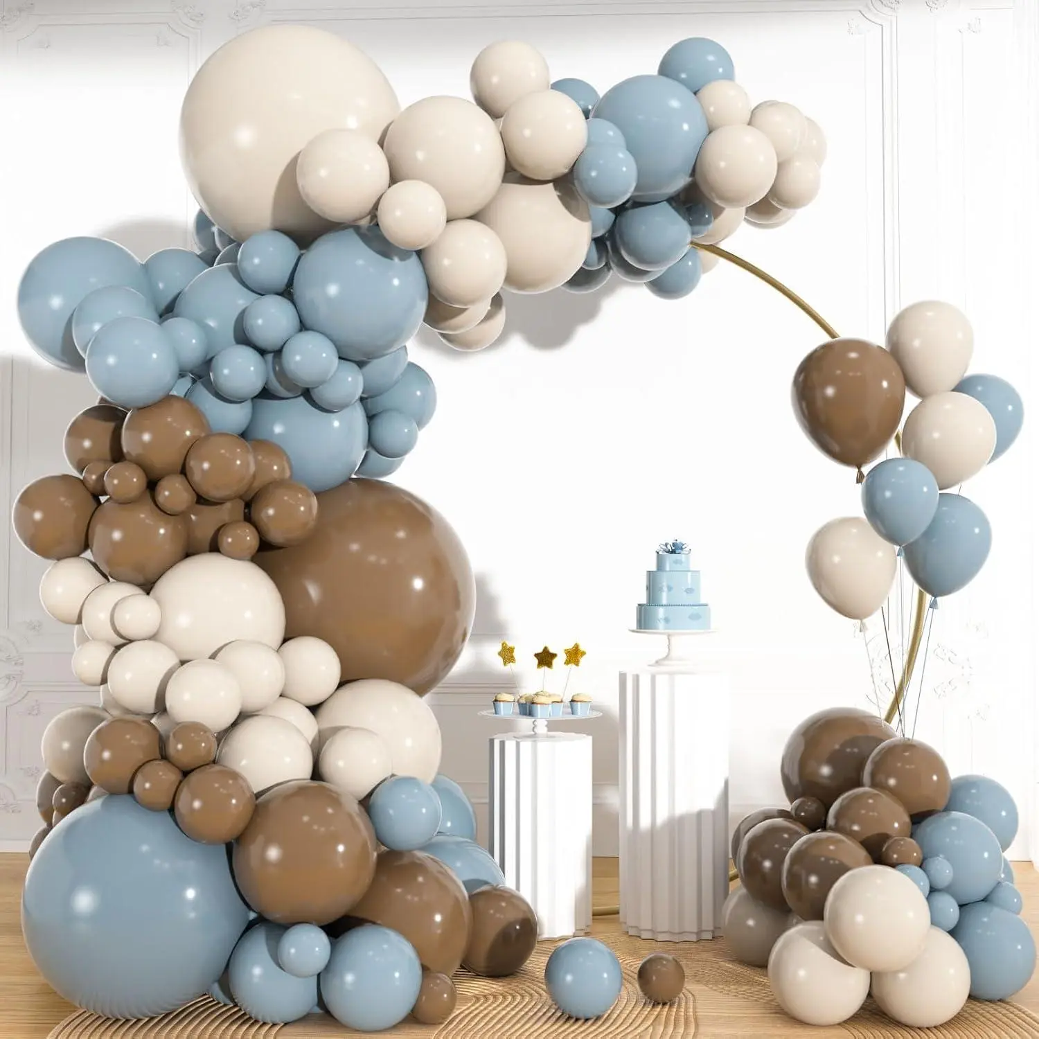 113Pcs Dusty Blue And Brown Balloon Garland Arch Kit With Sand White Balloons, Bear Themed Baby Shower Decorations, Boy’S Birthday Party, Graduation & Gender Reveal Decor