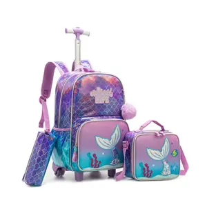 Kids Leather Material Mermaid Rolling Backpack for Girls Trolley Suitcases Luggage Travel with Wheels Bookbag Wheeled Toddler Back Pack School Bags Elementary Teenagers Blue-Purple