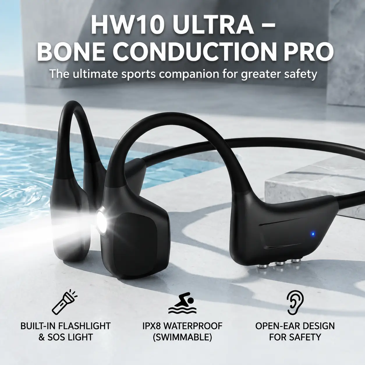 HW10 Bone Conduction Waterproof Headphones - IPX8 Waterproof, Open-Ear Design, Emergency LED Flashlight, Bluetooth Wireless Hi-Fi Stereo Audio, Hands-Free Calling, Ideal for Running, Cycling (Mobile Audio Accessory)