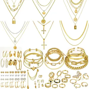 73 Pcs Gold Jewelry Set with 6Pcs Layered Necklace, 11 Pcs anklet and 7Pcs Earring Ear Cuff,12Hoop Earrings ,15pcs Rings,21pcs stud earrings Jewerly set for Women Pack for Friendship Party Gift