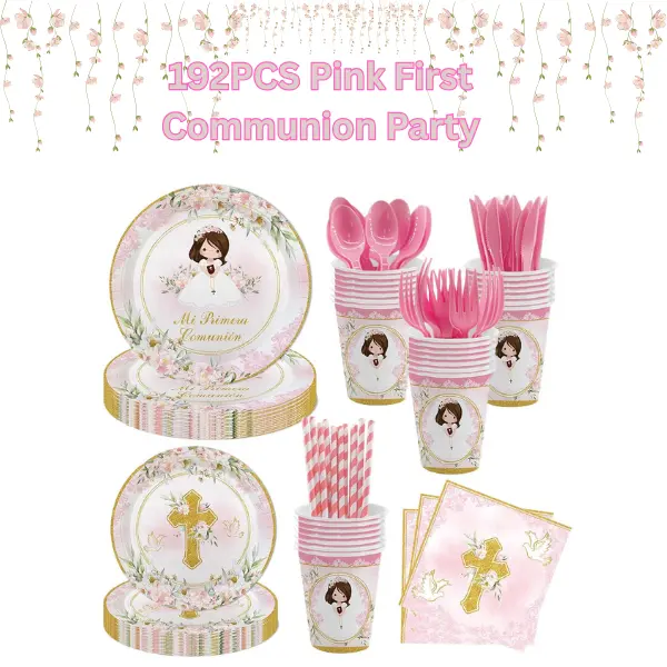 192PCS Pink First Communion Party Supplies for Girls – Mi Primera Comunión Tableware Set with Plates, Napkins, Cups & Tablecloth for 24 Guests