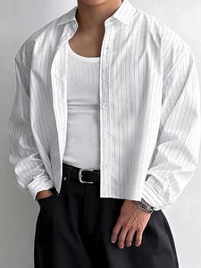 men's minimalist striped long sleeve shirt, casual lapel button front cropped top for all season, fashion men's casual button collared clothes for daily wear