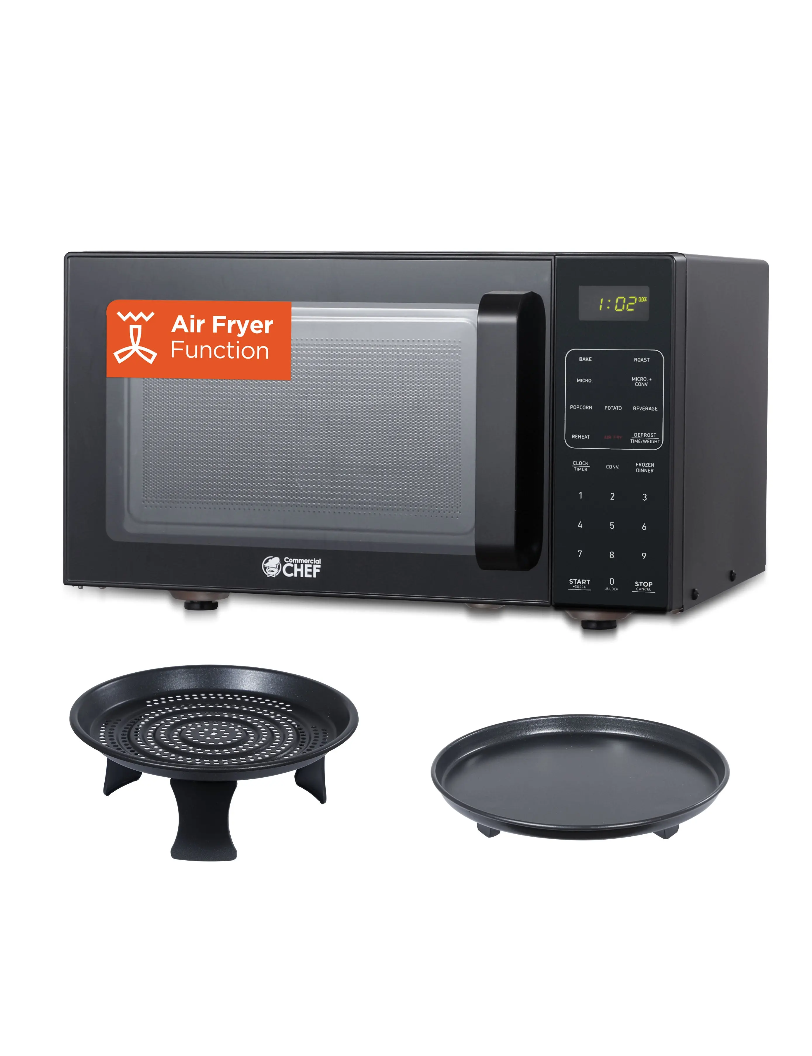 Commercial Chef 5-in-1 Compact Countertop Microwave-Air Fryer Combo, 0.9 Cu. Ft. Capacity, 900W, 10.6” Turntable, LED Display Screen, Bisphenol A (BPA)-Free, Convection Bake & Roast, Model CHMF9BG, Black, Durable