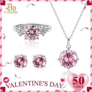 【Celestial Rose Trio】Delzzad Pink Four-Prong Stud Earrings Necklace Ring Band Set Pink Synthetic Moissanite Set Copper Jewelry Set Perfect Birthday Engagement Wedding Anniversary Christmas Valentine's Day Gifts