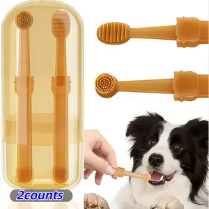 2 Piece Puppy & Cat Toothbrush Kit with Storage Box, Soft Silicone Pet Teeth Cleaning Brush, Oral Care for Small Cats, Dogs and Poodle