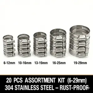 20 Piece Stainless Steel Clamp Set, Worm Gear Adjustable 1/4 - 1-1/8 Inch, Durable Metal Clamps for Pipes, Fuel Lines and Hose Clamps