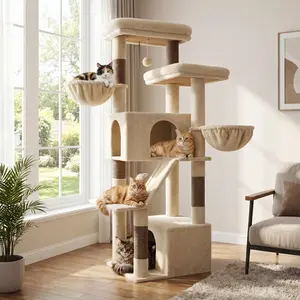 DESKAT 69 Inch Heavy Duty Cat Tower with 2 Large Condos, Dual Hanging Baskets & 2 Oversized Perches — Multi-Level Cat Tree for Big Cats