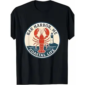 Men's coastal life and lobster culture in Bar Harbor, Maine Graphic T-Shirt - Short Sleeve Crew Neck Regular Fit Casual Wear | Soft & Breathable Fabric, Durable Print, Everyday Comfort, Machine Washable, vintage nautical emblem a circular emblem featuring