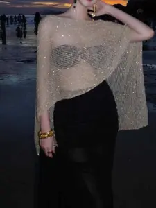 Women's Unique Design Sequined Knit Shawl, Trendy Streetwear Transparent Sun Protection Hoodie, Versatile Fashion Accessory, Boho Style Scarf