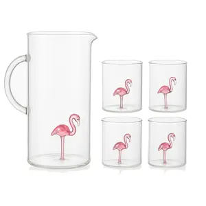 Flamingo Pitcher & 4 Glasses Set Decanter with 4 Pink Flamingo Glasses 9oz by The Wine Savant - Elegant Glass Set, Great for Water Iced Tea, Sangria, Lemonade, 1300ml 9" H, Cute Flamingos Gift
