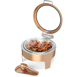 ROVSUN 6QT Chafing Dishes for Buffet, Roll Top Chafing Dish Buffet Set, Round Chafers and Buffet Warmers Sets with Glass Lid & Serving Tong for Parties Weddings Catering Events Dinners, Rose Gold