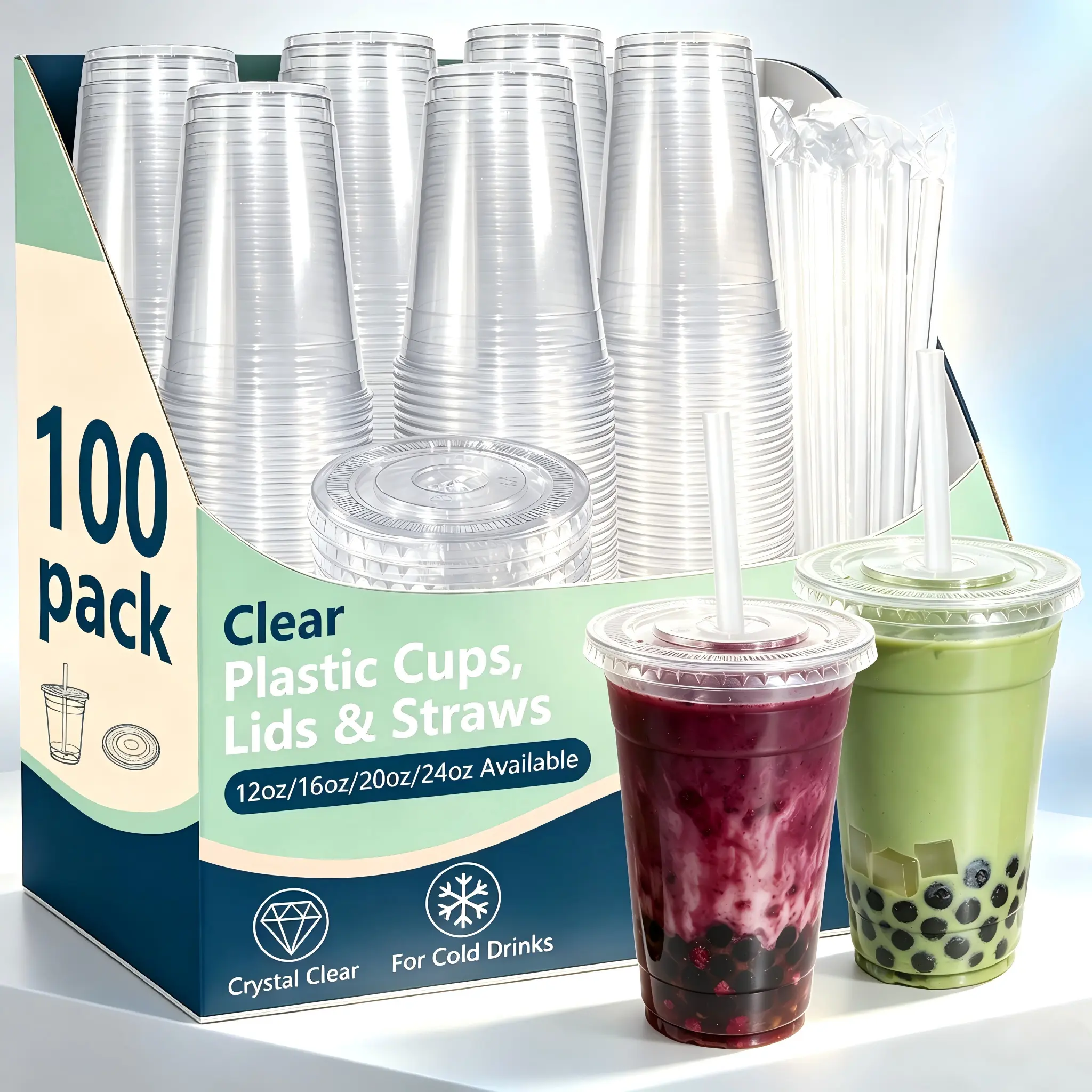Disposable Wide-Mouth Transparent Plastic Cold Drink Cups - 100 Sets with Leak-Proof Flat Lids & Straws, 98mm Diameter, 12-24oz (Incl.16oz) Options, Lightweight for Christmas, Home & Party Supplies