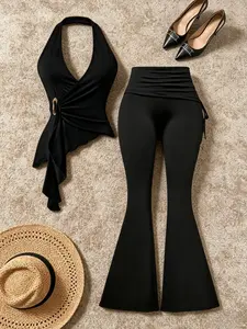 Women's Halter Neck Top with Asymmetric Hem and Foldover Slim Fit Long Pants Set, Two-Piece Outfit for Spring and Autumn, Womenswear