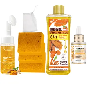 Turmeric Four Piece Skincare Set - Includes Turmeric Massage Oil, Cleansing Mousse, Facial Essential Oil, and Turmeric Soap - Comfortable