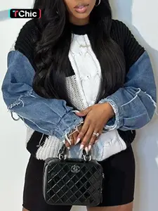 Women's Patchwork Sweater Pullover without Bottom, Casual Long Sleeve Jumper for Fall & Winter, Fashion Ladies' Knitwear for Daily Wear