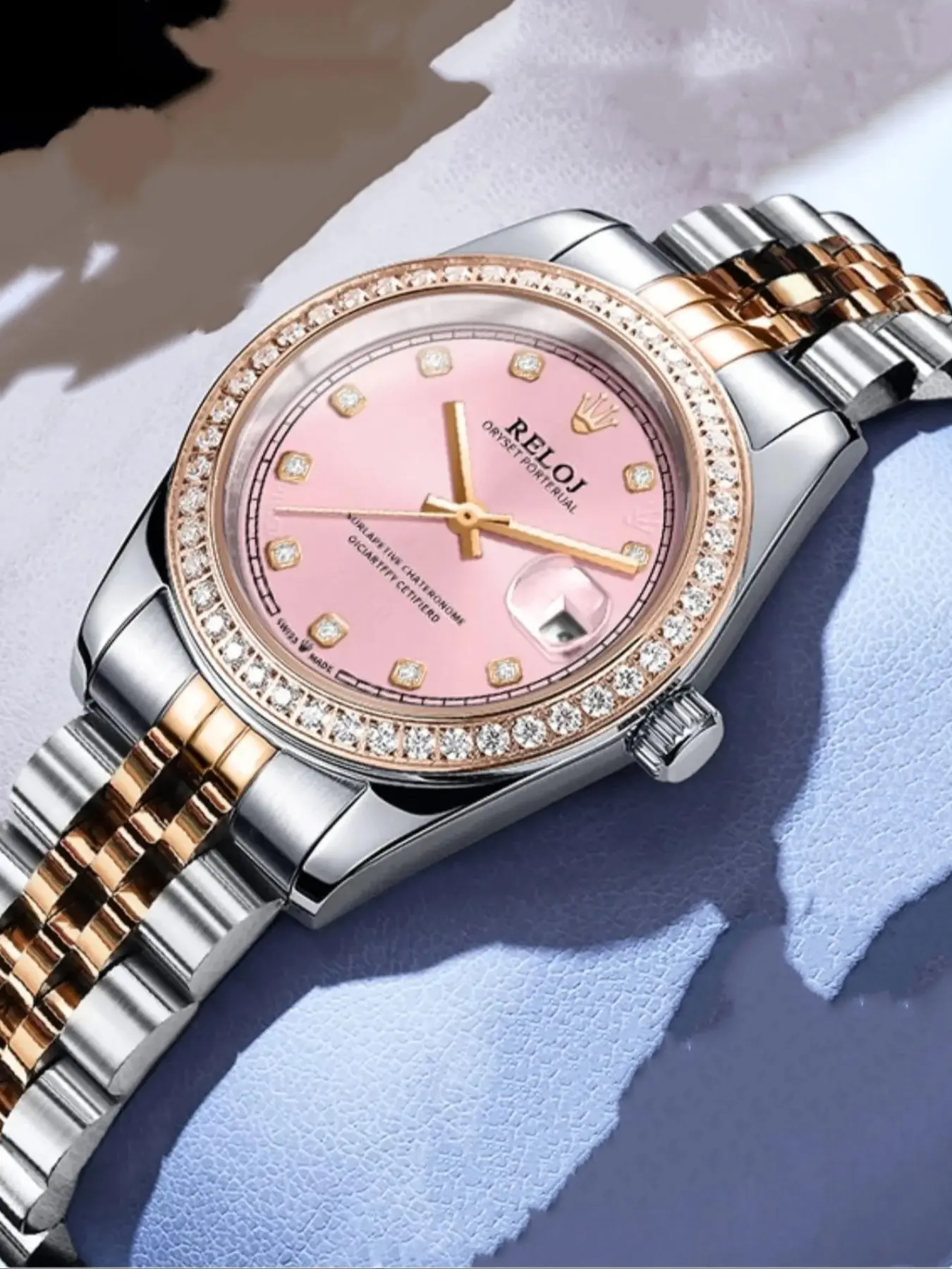 New Log Series Women's Luxury Diamond Watch, Stylish Durable Watch, Elegant Round Dial, Waterproof, Calendar, Stainless Steel Band, Analog Face, Butterfly Clasp, All Seasons, Elegant Wristwatch, Classic Design