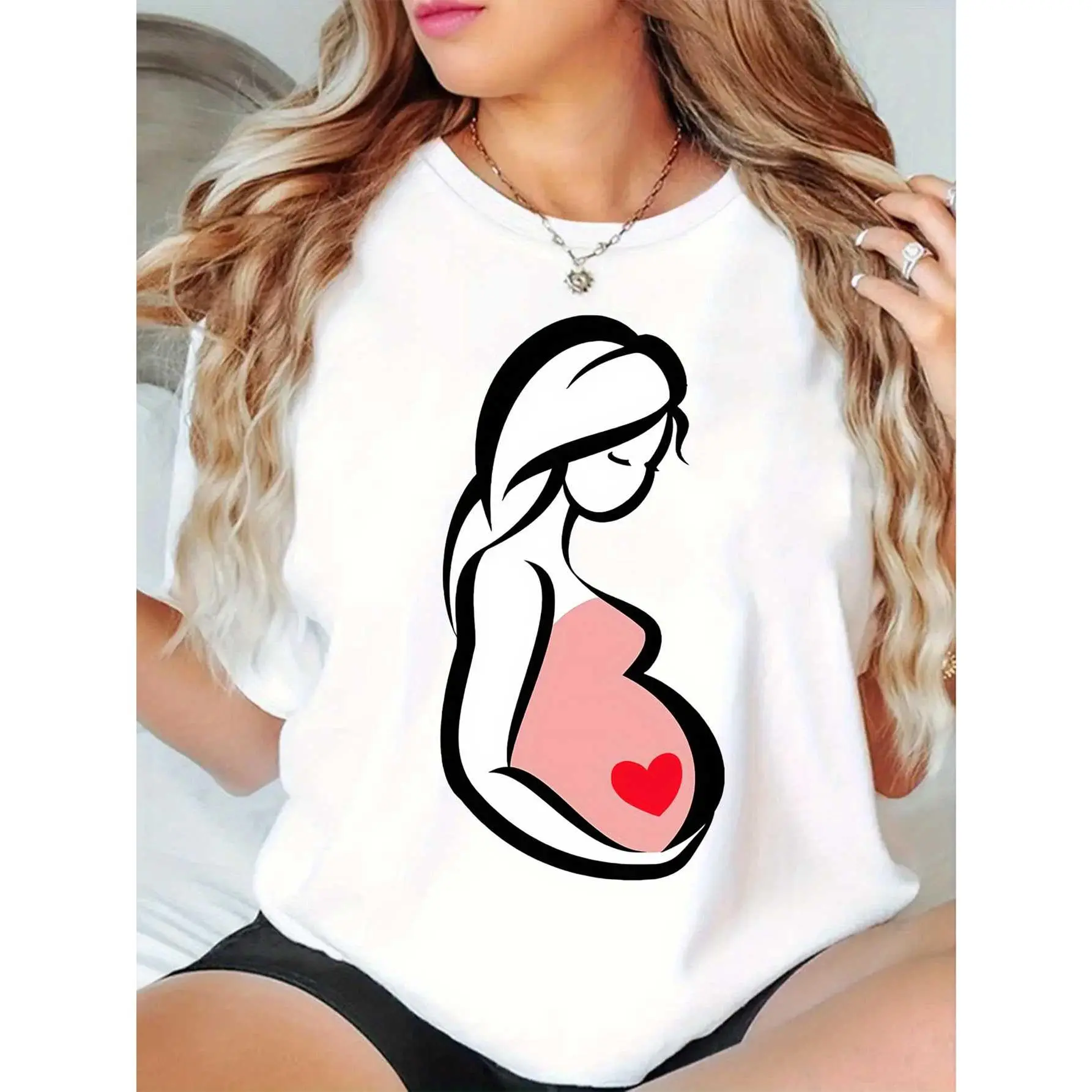Women's Pregnancy Announcement Top - White with Black & Pink Bump Design, Short Sleeve Crew Neck Loose Fit Blouse, Machine Washable Maternity Shirt for Casual Casual Attire & Gender Reveal Outfits, Soft Material, Breathable Fabric, Expecting Mothers