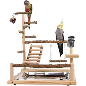 Bird Playground Parrot Stand With Feeder Cup Swing Climb Ladder And Tray Budgie Playground Cage Exercise Gym Toys Parakeets Cockatiel, Wooden