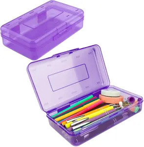 Clear Pencil Box with Snap‑Tight Lid – Back to School Large Capacity Stackable Plastic Case for Students & Adults, Purple Stationery Storage cute  school  supplies