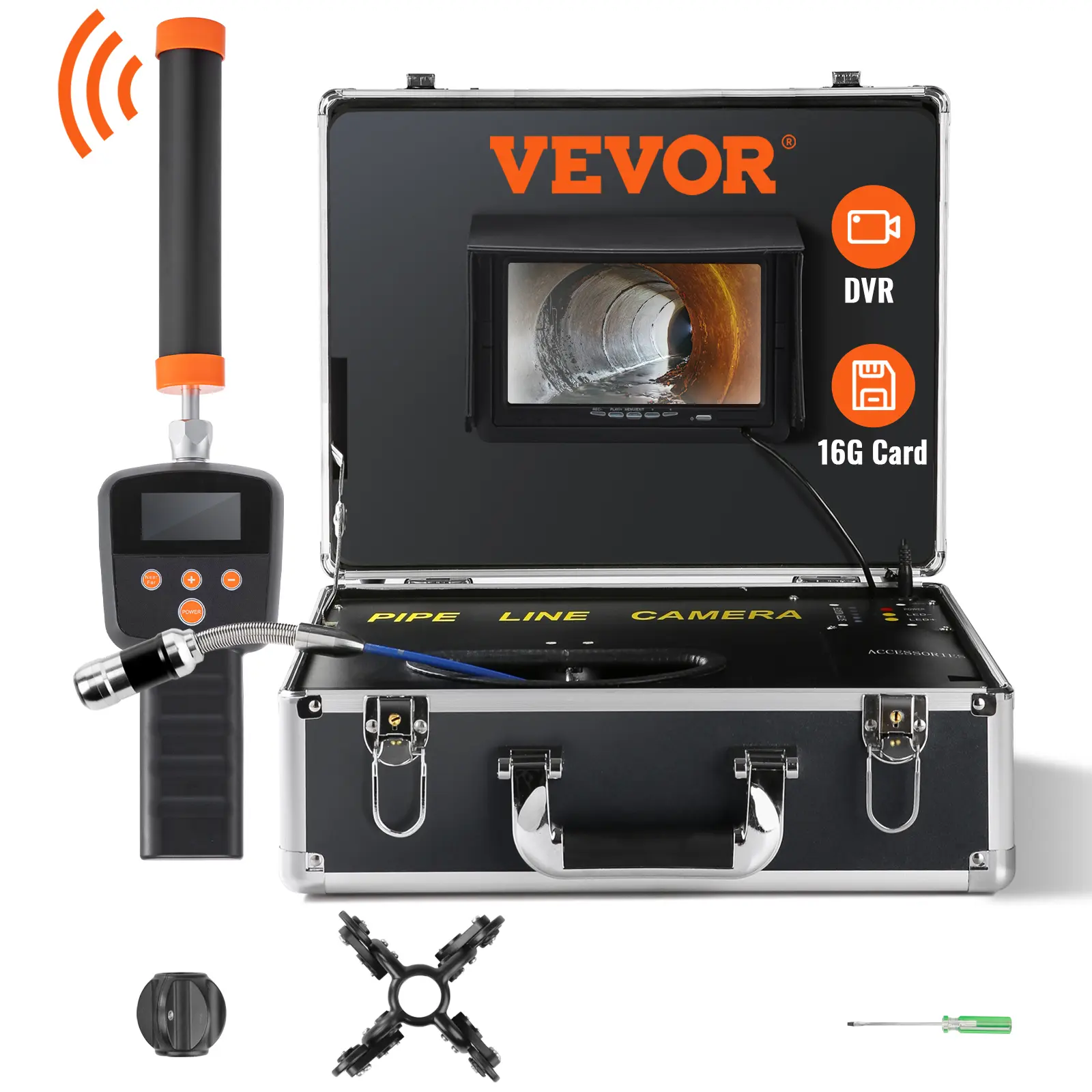 【summerfinds】VEVOR Sewer Camera with 512Hz Locator,100 ft/30 m, 7" Pipeline Inspection Camera with DVR Function, IP68 Camera with 12 Adjustable LEDs, A 16 GB SD Card for Sewer Line, Home, Duct Drain Pipe Plumbing