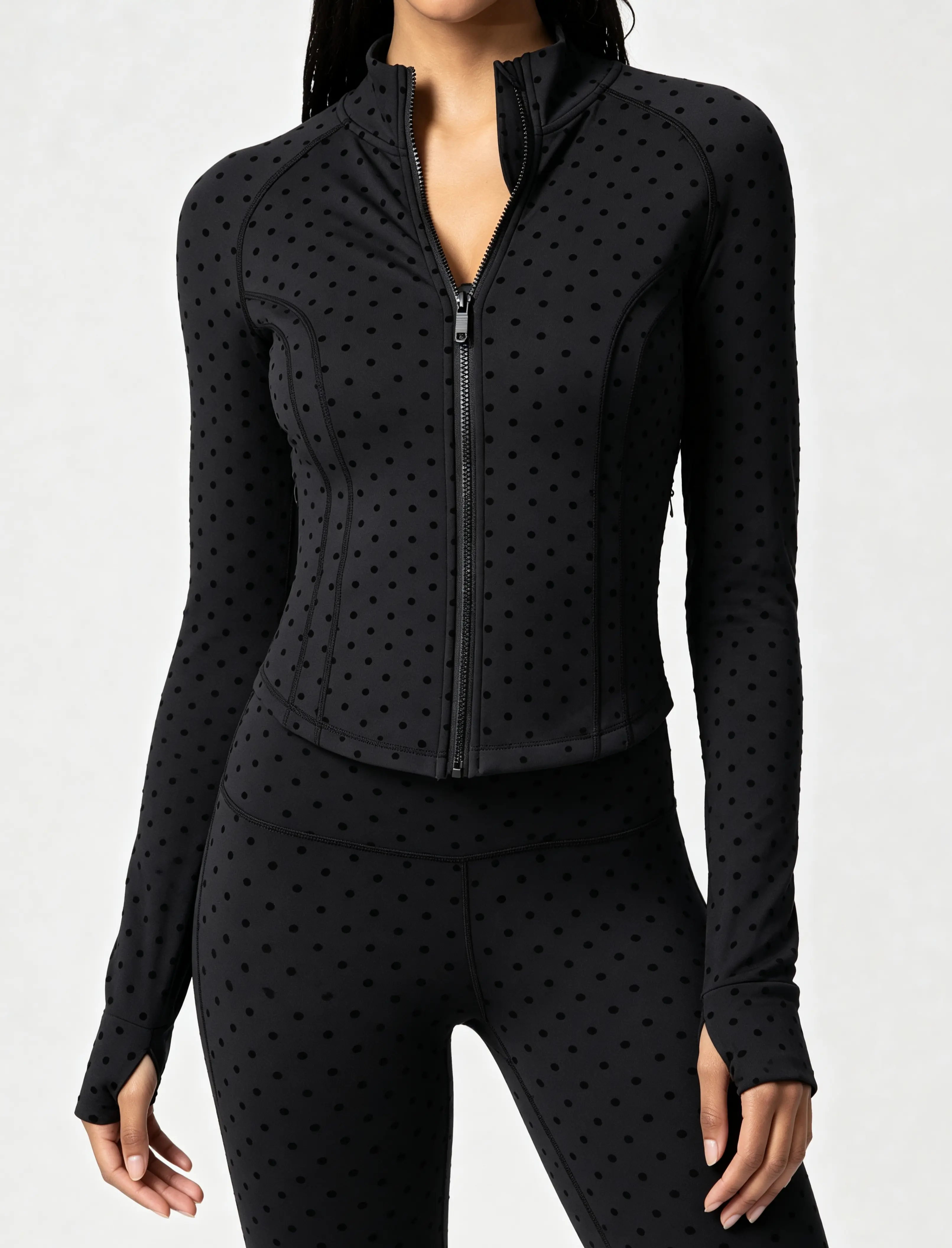 Queenie Ke BareLuxe Workout Running Jackets with Pockets for Women, Full Zip Stand Collar Polka Dot Textured Slim Fit  Athletic Cropped Gym Jacket with