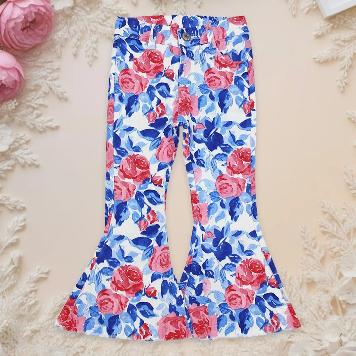 Toddler Girl Bell Bottoms, Stretchy High-Waisted Pants with a Pink Rose Floral Print and Flare Hem, Sizes 2T-4T, High Waist, Elastane, Fitted, Stretchy Fabric, Printed Flowers, 4 Years And Up, Cotton Blend, Button, 10-12T, Soft Cotton, Large Roses, 3T