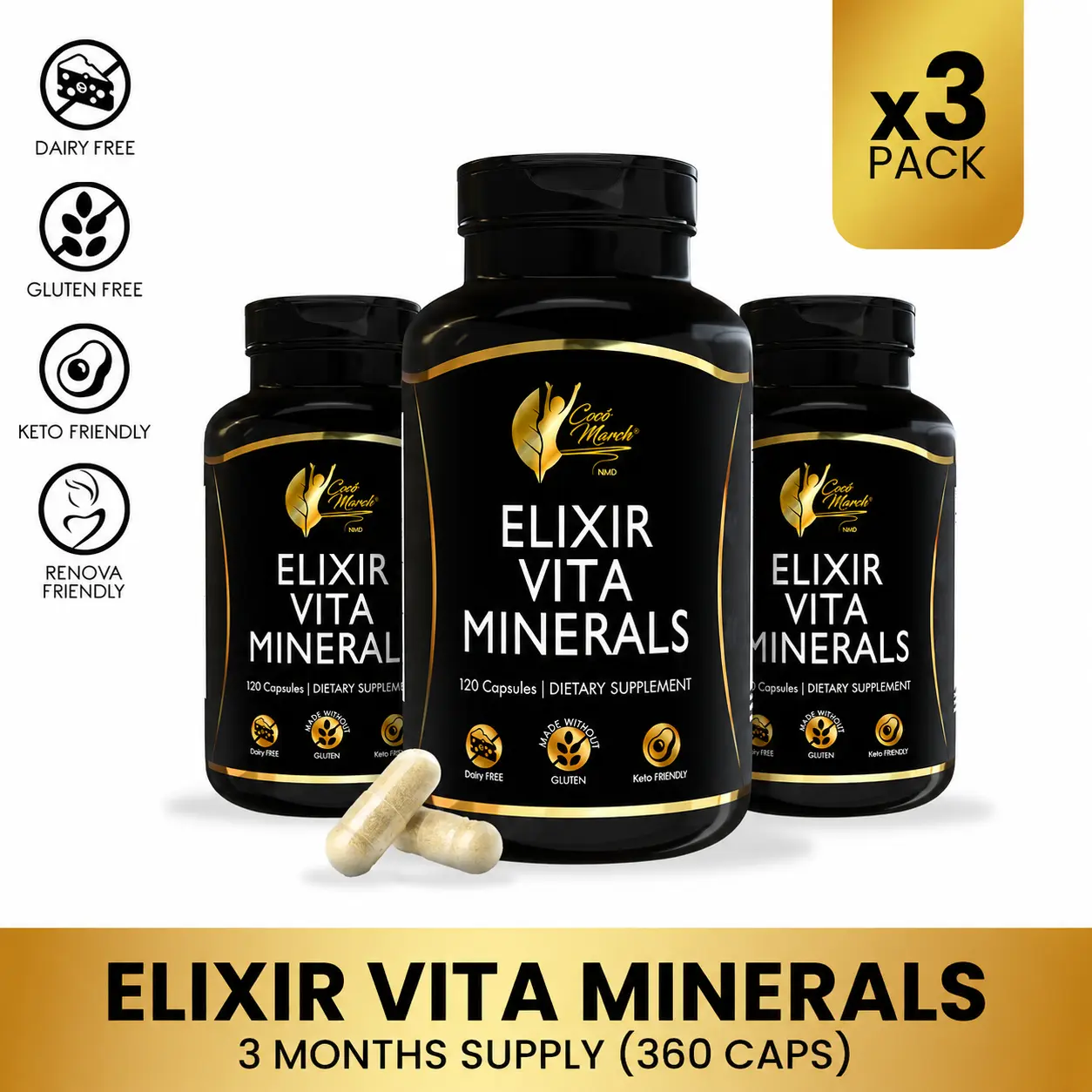 Cocó March N.M.D Elixir Vita Minerals Supplement 3 Bottles 360 Capsules High Potency Activated B Vitamins Antioxidants for Energy Production