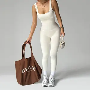 Women Slim Bodycon Ribbed Backless Yoga Jumpsuit Sleeveless Elastic Full Length Leggings Workout Running Outdoor Fitness Sports One Piece Sportswear