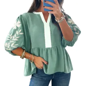 Asvivid Women's Color Block Patchwork V-Neck Embroidered Puff Sleeve Babydoll Blouse for Womenswear